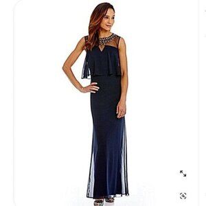 NWT Patra navy blue embellished illusion gown